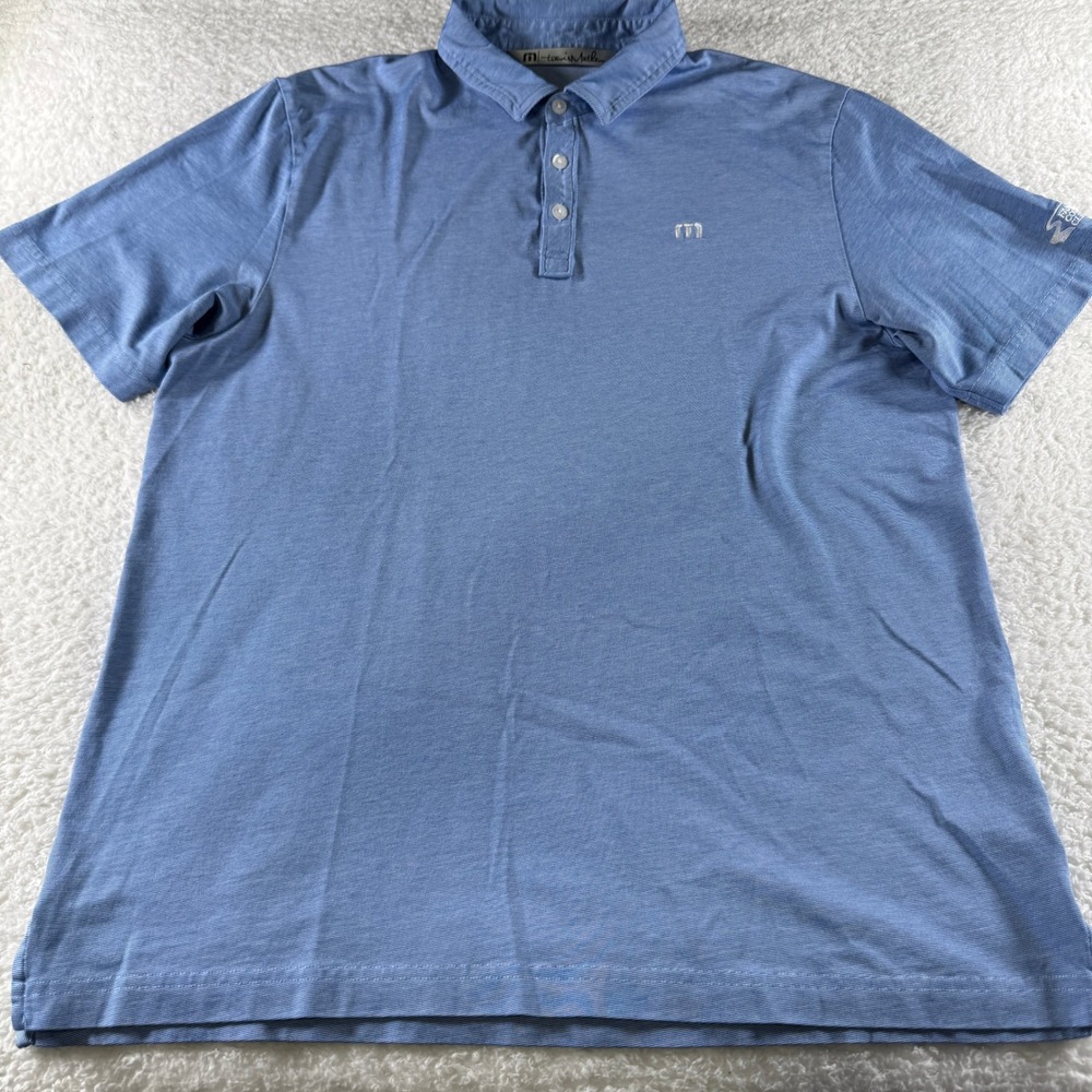 Travis Mathew Athletic Golf Polo Shirt Blue Solid Large Collar Short Course Logo